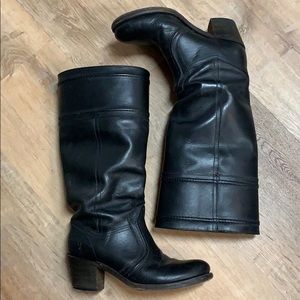 Frye Jane Black Leather Block Heel Boots